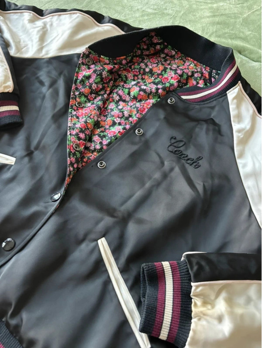 Coach Reversible Satin Varsity Bomber Jacket - Black/Cream Floral [COPY]